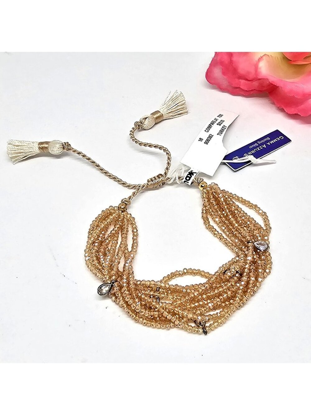 Champagne Crystal Beaded Bracelet 925 Sterling Silver Charms Boho Milti Strand